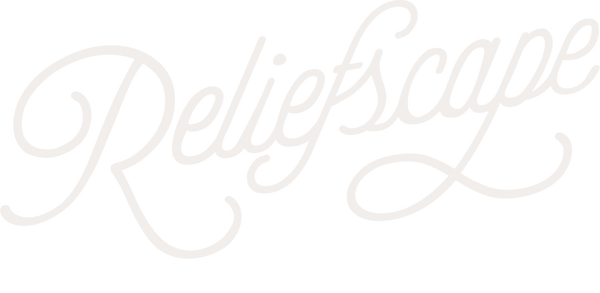 The Reliefscape logo in elegant white cursive lettering